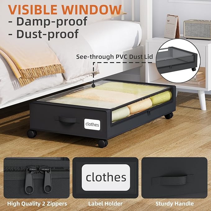 Somdot Under Bed Storage with Wheels, 4 Pack Bed Storage Containers with Dividers & Clear Lids, Easy Pull-out Metal Drawer for Clothes, Shoes,Toys, Blankets (Black)