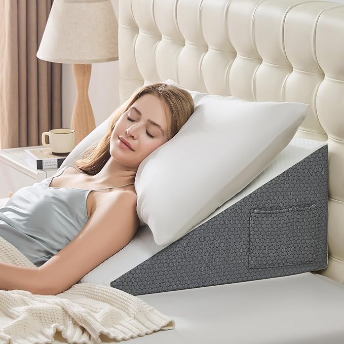 Yojoker Wedge Pillow for Sleeping - Bed Wedge for Headboard Triangle Pillow, Memory Foam Wedges for Acid Reflux, GERD, Snoring, Post Surgery Back Pain Relief, Leg Elevation(White Grey, 24*24*7.5 inch)