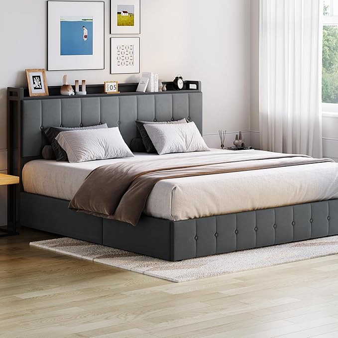 Garvee King Size Lift Up Storage Bed, Upholstered Velvet Bed Frame with Storage Headboard, Metal Platform Bed, No Box Spring Needed, Solid Wooden Slats, Noise Free, Grey