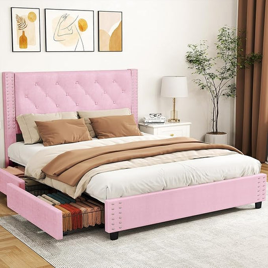 EVLIQUIL Bed Frame Full Size with 4 Storage Drawers, Upholstered Headboard & Frame, Sturdy Metal Frame & Wood Slats, Platform Bed Frame No Box Spring Needed, Easy Assembly, Pink