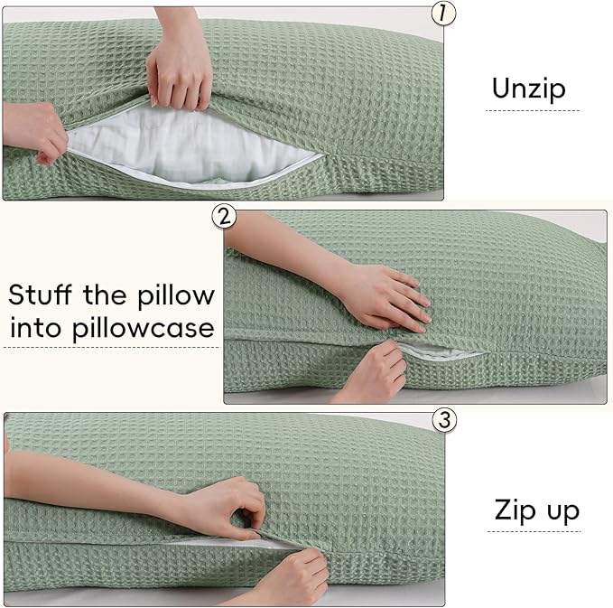 PHF Ultra Soft Waffle Body Pillowcase, Sage Green, 20" x 54", Polyester, Breathable, Skin-Friendly, Zipper Closure