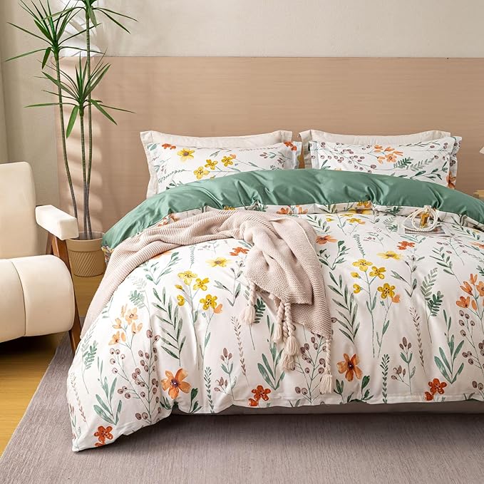 OAITE Duvet Cover Set Twin Size Floral Pattern Ultra Soft 100% Cotton Duvet Cover Sets 3-PC, Breathable Duvet Cover with Zipper Closure & Corner Ties(2 Pillow Shams,1 Duvet Cover)