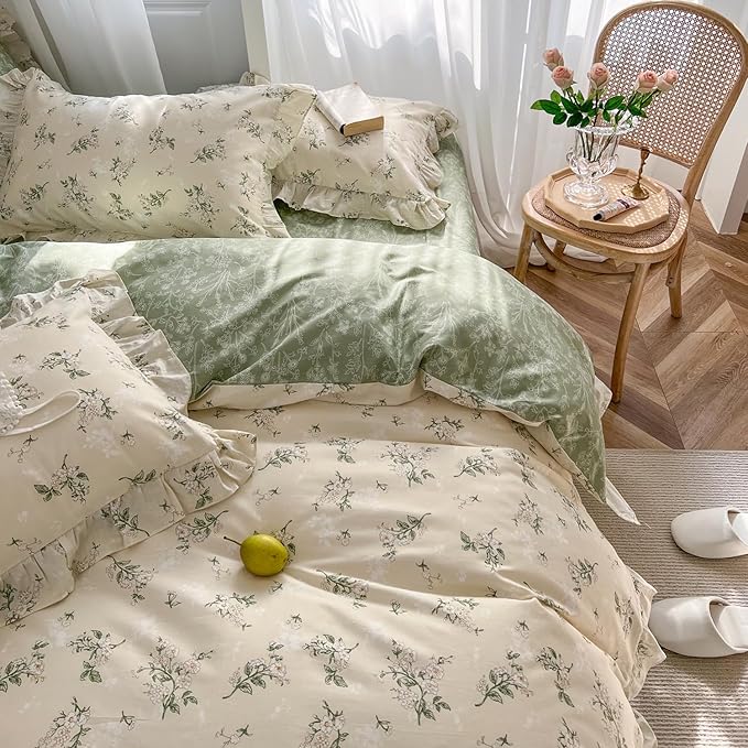 mixinni Reversible Sage Green Floral Duvet Cover Set Full Size - 100% Cotton Soft Botanical Bedding with Ruffle Lace, 3 Pieces Cute Aesthetic Cottagecore Antique Style Duvet Cover Set for Girls Women