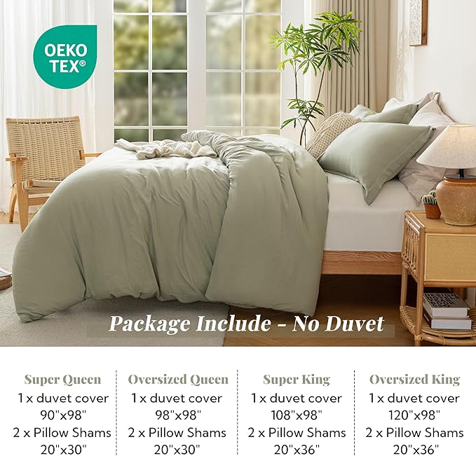 MILDLY Super Soft Duvet Cover - 100% Washed Microfiber October Mist Sage Comforter Cover Set 3 Pieces with Zipper Closure & Corner Ties (No Comforter)