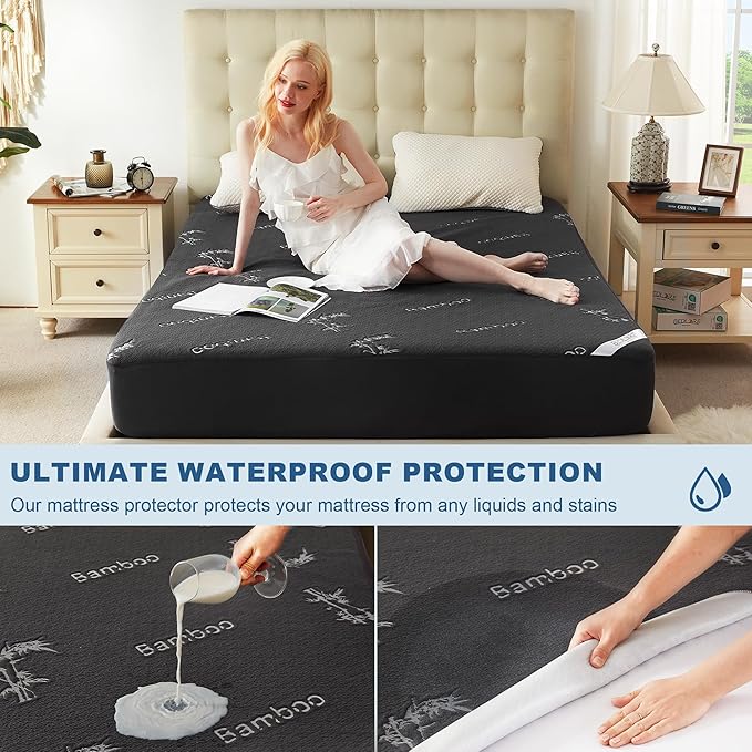BEDLORE Twin Size Waterproof Mattress Protector Viscose Derived from Bamboo, Soft Mattress Cover Fitted with Deep Pocket 6"-15", Breathable Noiseless Mattress Pad, Machine Washable(Gray)