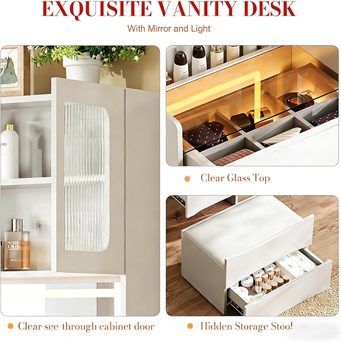 Casaphoria White 3-in-1 Vanity Desk with Mirror and Lights, 18.9 Inch Makeup Dressing Table with 3 Drawers & Storage Stool for Bedroom
