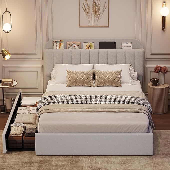 GarveeHome Queen Bed Frame with Storage Headboard, Girls Bed Frame with 2 Drawers, Boucle Upholstered Platform Bed with Bookcase, No Box Spring Needed, Easy Assembly, Grey