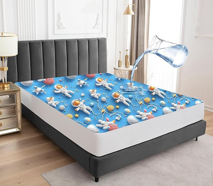 Sufdari Twin Mattress Protector,Waterproof Mattress Protector,Fitted Sheet Style Mattress Cover with 18" Deep Pocket,Washable and Comfortable-Spaceman,Twin