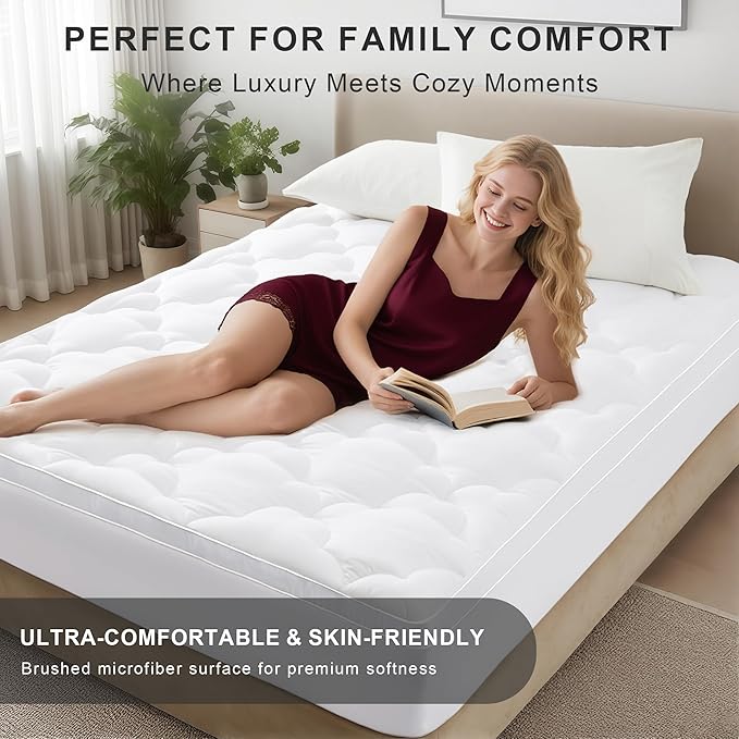 2 Inch Mattress Topper Queen Size Breathable Filled Soft Fluffy Supportive for Back Pain Relief, Bed Mattress Pad Pillow Topper with Extra Thick Padded Protector for 8"-21" Deep Pocket