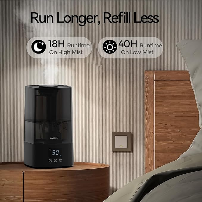 ROSEKM Automatic Humidifiers for Bedroom Large Room, 4.5L Cool Mist Humidifier for Home & Plant with Timer & Humidity Sensor, Last Up to 18H on High Setting, Auto Shut-Off, 360° Nozzle (Black)