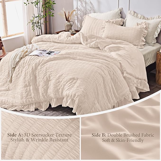JOLLYVOGUE Beige Twin Size Comforter Set, 2 Pieces Seersucker Lightweight Fluffy Bedding Set, Twin Ruffle Comforter, All Season Soft Microfiber Shabby Chic Bed Set