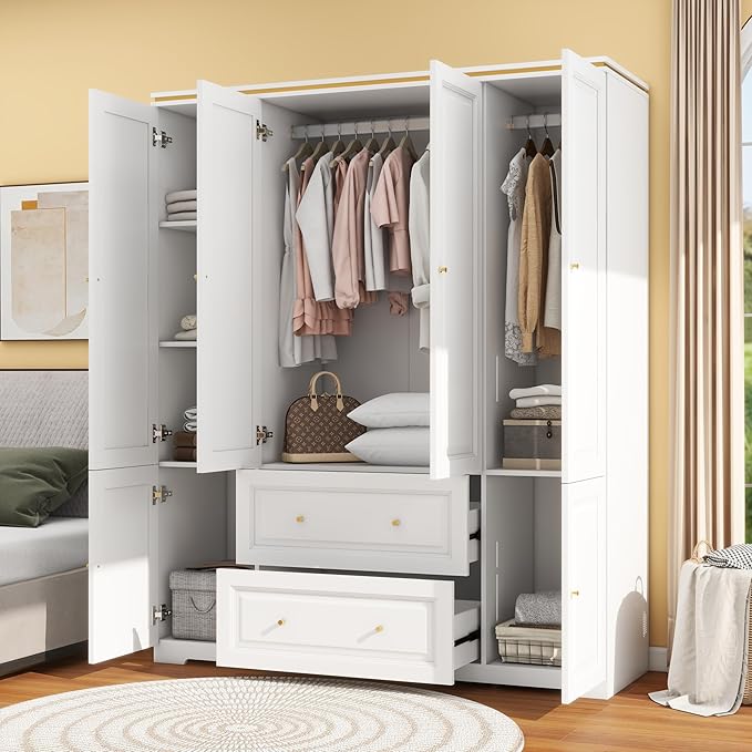 Bedroom Armoires Wardrobe Closet with 4 Doors, 74" White Wardrobe Cabinet with 2 Drawers, Wooden Wardrobes Closet for Hanging Clothes, Large Wardrobes Closets