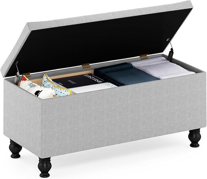 Furinno Laval Button Tufted Storage Ottoman Bench, with Safety Hinged Soft Closed Seat, for Entryway, Bedroom, Living Room, Glacier