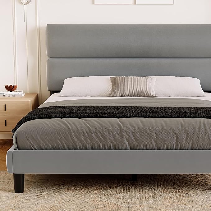 GRUSIGN Queen Size Platform Bed Frame with Velvet Headboard, Adjustable Height Wooden Slats Support, Upholstered Mattress Foundation, Fits Mattress or Mattress with Box Spring, Easy Assembly, Grey