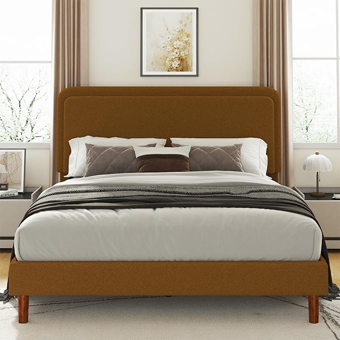 King Size Boucle Platform Bed Frame with Adjustable Headboard, Upholstered Cloud Bed, Solid Wooden Legs, No Box Spring Needed, Easy Assembly, Brown