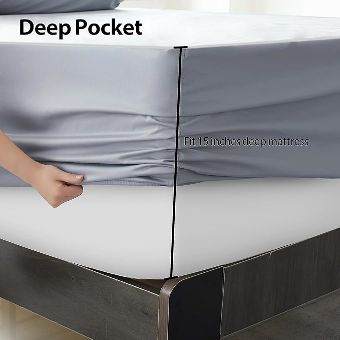 2-Pack Pure Cotton Fitted Sheet Twin Size, 600 Thread Count 16" Deep Pocket Egyptian Cotton Fitted Sheet (2pcs, Twin, Gray)