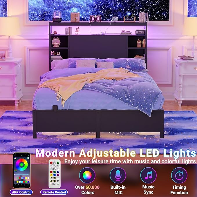 Unikito Twin Headboard with Storage, Headboards with Power Outlet and Smart LED Lights, Sturdy Head Board for Twin Size Bed, Stable Headboard Only for Bedroom, Dorm Room, Guest Room, Black