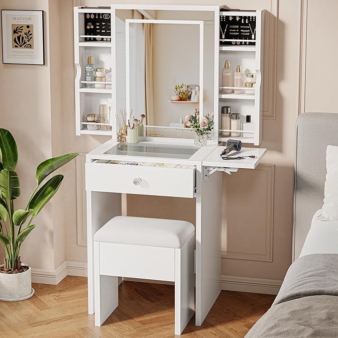 Einhomn Small Vanity Desk Set with Mirror and Lights, Glass Top Vanity with Storage, Compact Makeup Dressing Table with Stool and 2 Hidden Pull-Out Cabinets, for Bedroom, Saving Space, White