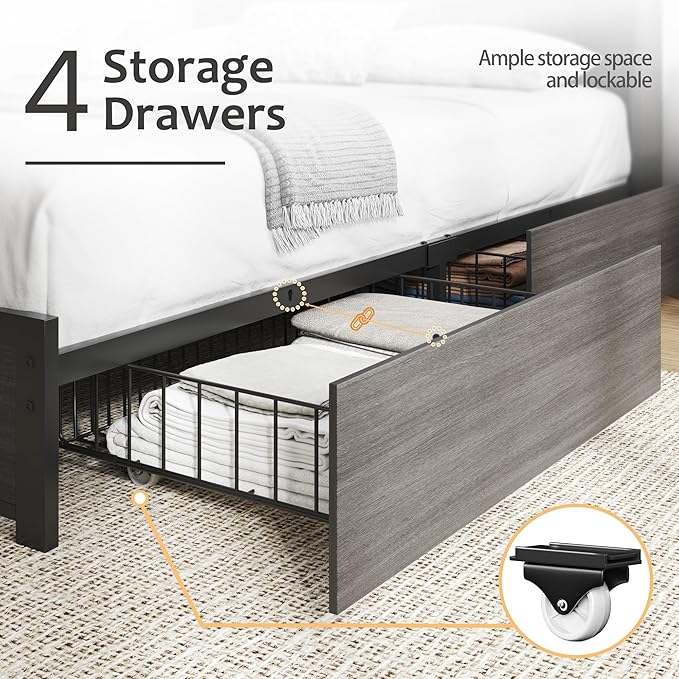 HISOFT Full Bed Frame with Storage Headboard, Wood Bed with High Storage Bookcase, 4 Drawers & LED & Charging Station,No Box Spring Needed/Noise Free/All-Metal Support, Rustic Grey