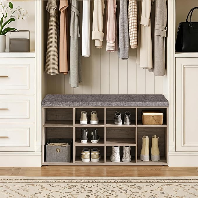 DINZI LVJ Shoe Storage Bench with Cushion, Cubby Rack with 12 Cubbies, Adjustable Shelves, Multifunctional Organizer Bench for Entryway, Mudroom, Hallway, Closet and Garage, Greige