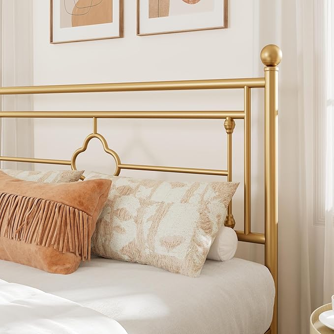 Allewie Queen Size Metal Platform Bed Frame with Victorian Vintage Headboard and Footboard/Mattress Foundation/Under Bed Storage/No Box Spring Needed/Noise-Free/Easy Assembly, Gold