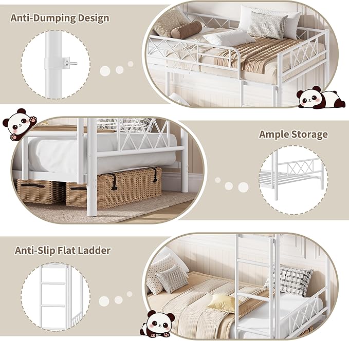 Garvee Twin Over Twin Bunk Bed with Stairs, Heavy Duty Metal Construction & High Guardrail, Sturdy Steel Slats Support, No Box Spring, Space Efficient, White