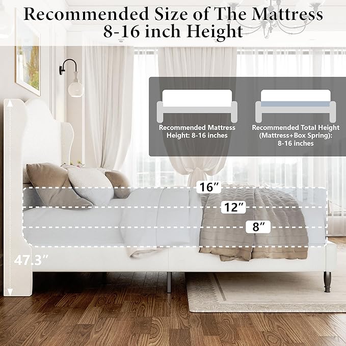Upholstered Bed Frame with Tall Headboard, Leather Queen Platform Bed Frame with Wingback Sides, Wood Slats Support, Noise-Free Design, No Box Spring Needed, Easy Assembly, White
