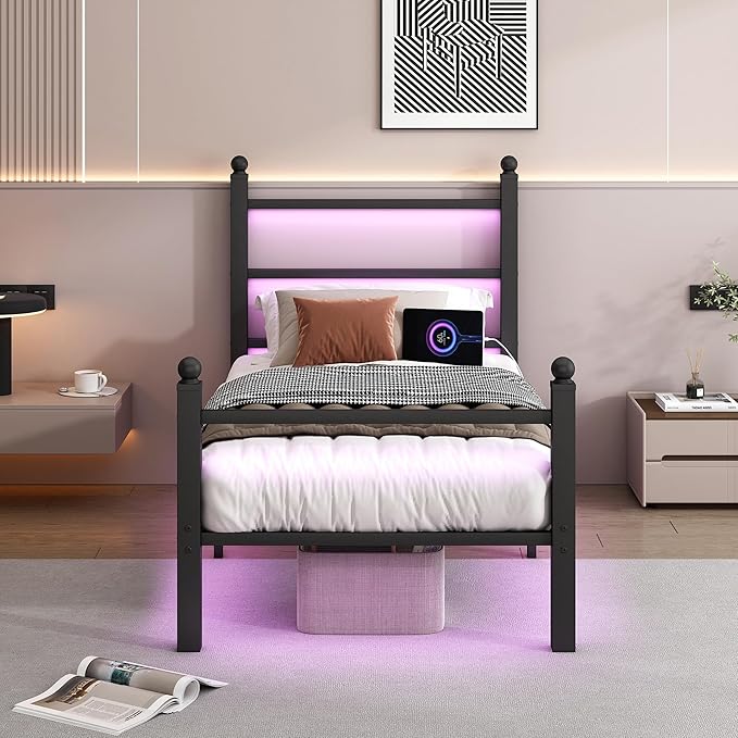 CLIBFENG Twin Bed Frame with Headboard and Footboard,Steel Slats Support-LED Bed Frame with USB Charging Station,Mattress Foundation-Under Bed Storage,No Box Spring Needed,Noise Free,Black