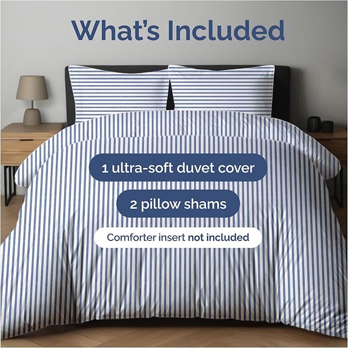 Duvet Cover Full Size Set - Extra Soft Full Duvet Cover 80" x 90" with 2 Pillow Shams - Hotel Luxury, Easy Care & Fade Free with Zipper Closures & Ties - All Season, Comfy & Breathable (Blue Stripes)