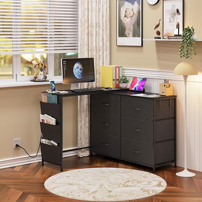 Simoretus Modern Corner Vanity Desk with 6 Fabric Drawers Power Outlet Side Pocket L Shaped Drawers Makeup Desk Dressing Table for Girls Women Bedroom (Black)