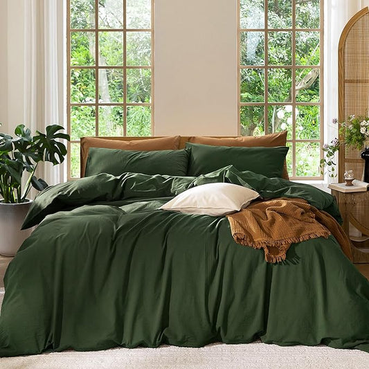 MooMee Bedding Duvet Cover Set 100% Washed Cotton Linen Like Textured Breathable Durable Soft Comfy (Solid Forest Green, Palatial King/Oversized King 120"x98")