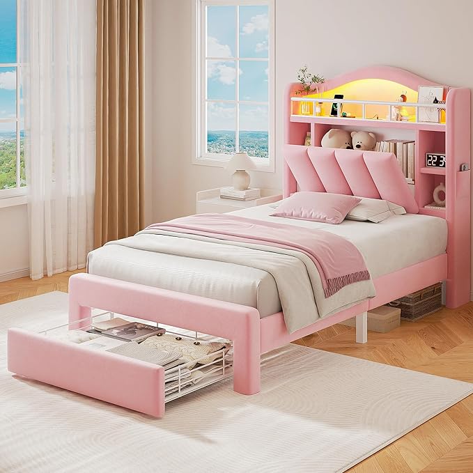 Twin LED Bed Frame with Storage Headboard & 2 Storage Drawers, Princess Velvet Upholstered Bed with Vertical Tufted Headboard Design for Girls, USB & Type-C Charging Ports, Wooden Slats Support, Pink