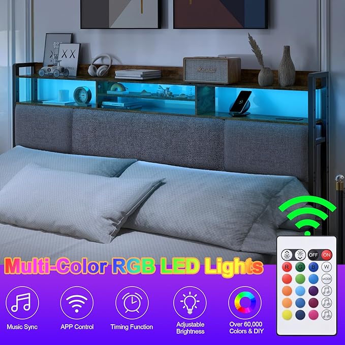 Livofloral King Size Upholstered Headboard with 2 Outlets and LED Lights, King Bed Headboard with Charging Station & Storage Shelves, King Headboard Only, Height Adjustable, Easy Assembly, Brown