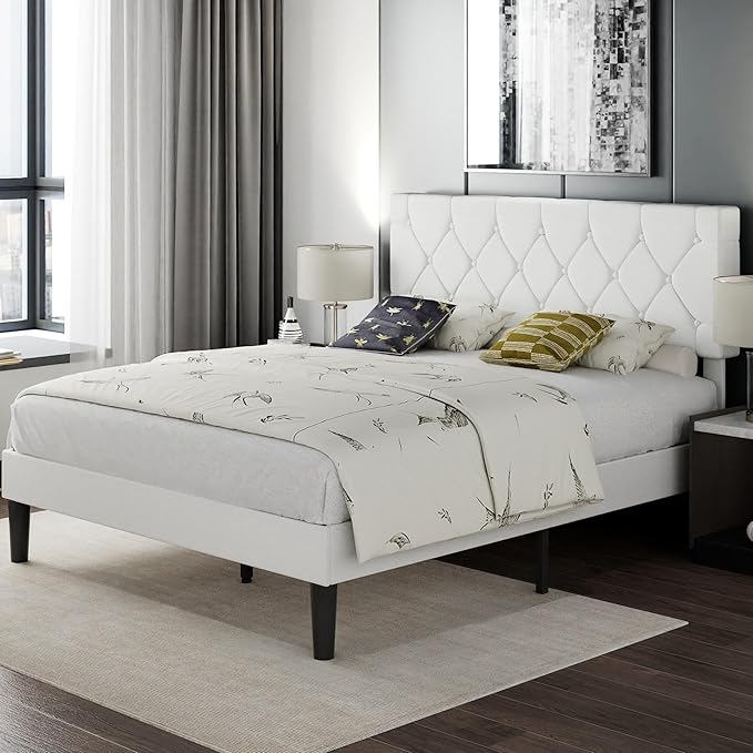 VECELO Queen Bed Frame with Button Tufted Headboard, Upholstered Platform with Wooden Slat Support, No Box Spring Needed, White