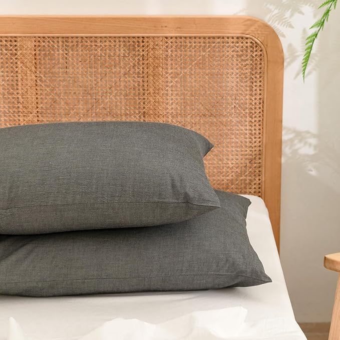 BESTOUCH 100% Washed Cotton Pillowcase for Hair and Skin Linen Feel Soft Comfortable Breathable 2 Set Pillow Case with Envelope Closure Solid Dark Grey Standard 20x26 Inches