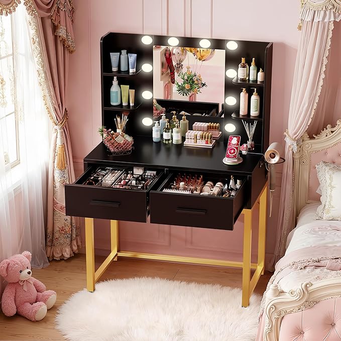 Furmax Vanity Desk with Mirror and LED Light Bulb, Small Makeup Vanity Table with Drawers, Dressing Table with Power Outlet and Hair Drayer Holder for Bedroom (Black & Gold)