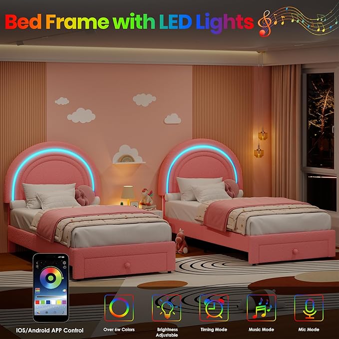 GarveeHome Twin Upholstered LED Bed Frame - with Storage Drawer and Rainbow Headboard, Berber Fleece Princess Platform Bed for Kids, Solid Wood Slats Support, No Box Spring Needed, Easy Assembly, Pink