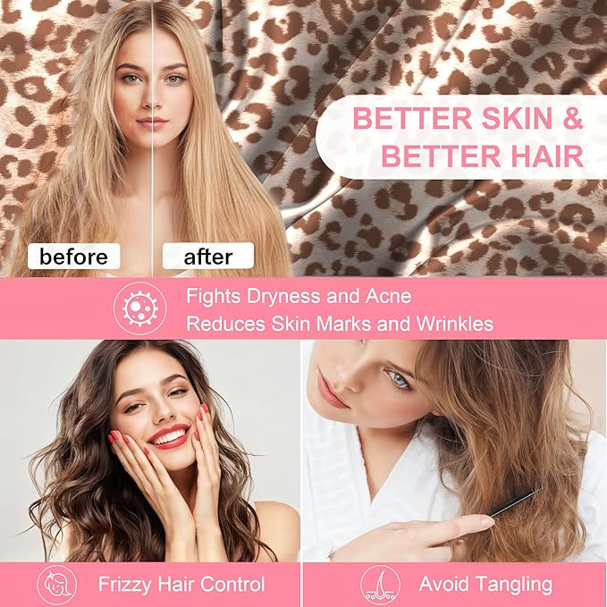 Silk Pillow Cases Queen Size with Hidden Zipper, Mulberry Silk Pillowcase for Hair and Skin, Smooth and Soft Breathable Cooling Silk Satin Pillow Covers for Sleeping, Gifts for Women, Leopard Beige