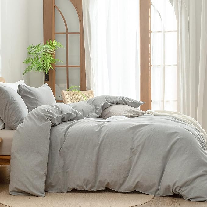 BESTOUCH Duvet Cover Set 100% Washed Cotton Linen Feel Super Soft Comfortable Chic Lightweight 3 PCs Home Bedding Set Solid Light Grey Oversized Queen