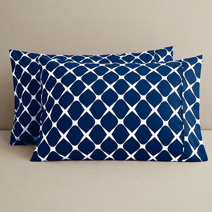 Elegant Comfort Luxury Ultra-Soft 2-Piece Pillowcase Set - 1500 Premium Hotel Quality Microfiber Double Brushed - Wrinkle Resistant, King Size, Bloomingdale Pattern Navy Blue