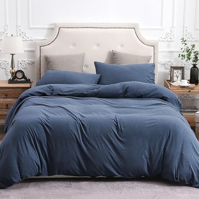 PURE ERA Jersey Knit Duvet Cover Set 100% T-Shirt Cotton Super Soft Comfy 2pc Bedding Set with Zipper Closure (Heather Navy Blue,Twin)