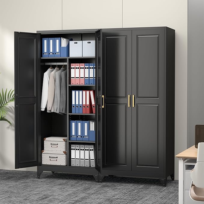 Polup Metal Armoire Wardrobe Closet, 71" Tall Wardrobe Cabinet with 2 Doors, Hanging Rod and Adjustable Shelves, Steel Clothing Storage Cabinet for Bedroom, Home, Gym, Office, Employee, Black