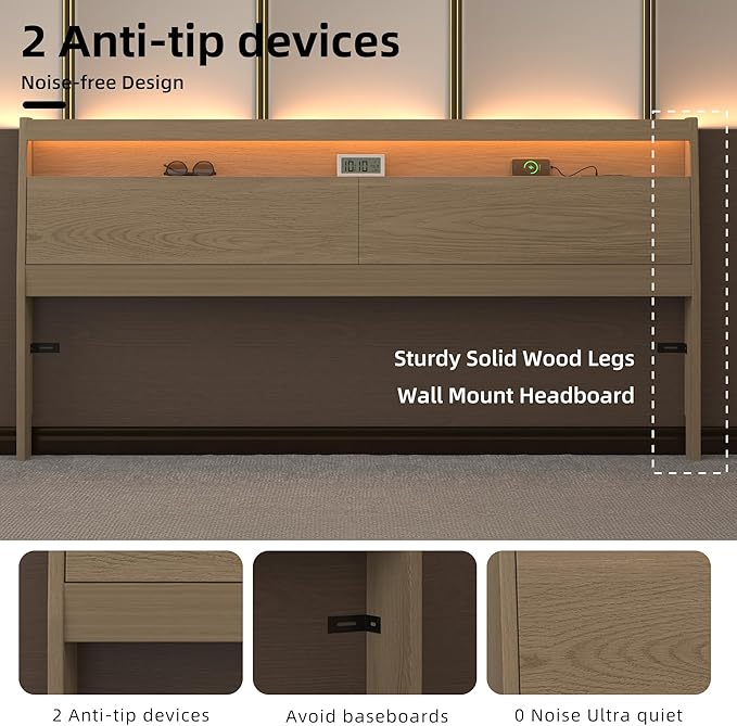 Wooden Headboard Only with Storage, Skirting Groove for Enhanced Stability, Built-in Power Outlet, 2 USB Ports & LED Light - Solid Wood Leg Sturdy Stable Bed Backboard (Oak, King)