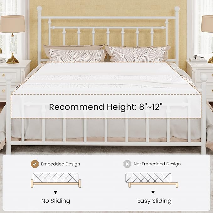 SHA CERLIN 14" King Size Metal Platform Bed Frame/Victorian Headboard and Footboard/Steel Slats Mattress Foundation for Storage/No Box Spring Needed/Noise Free/White