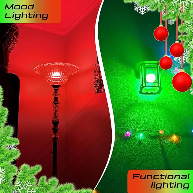 Red Green Light Bulbs 25w-40w Equivalent, 120V 3W Christmas Light Bulb, E26 Red Light Bulbs Green Light Bulb for Christmas Halloween Holiday Party Wedding Porch Decoration, Non-Dimmable (1Red+1Green)