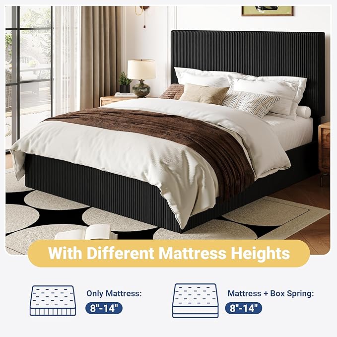 Allewie Full Bed Frame, Upholstered Platform Bed, Adjustable Vertical Channel Tufted Headboard, Corduroy Fabric, Modern Low Profile, Wooden Slats, No Box Spring Needed, Easy Assembly, Black