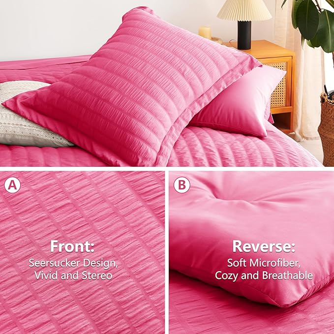 CozyLux Queen Comforter Set Hot Pink Seersucker 7 Pieces Bed in a Bag Queen Comforter Set with Sheets, Luxury Soft Bedding Set with Down Alternative Comforter, Sheets, Pillowcases & Shams All Seasons