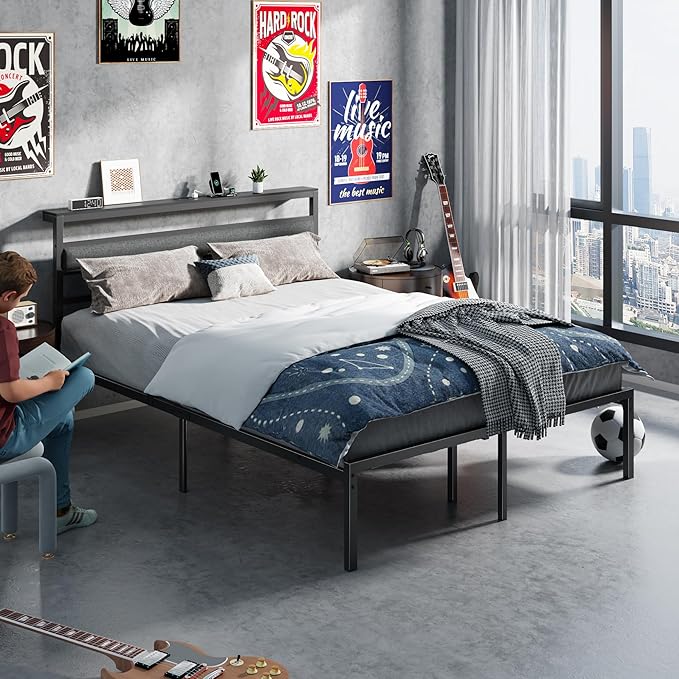 Ourpic Queen Bed Frame with Led Lights and Charging Station, Bed Queen Size Frame with Headboard and Under Bed Storage, Black Metal Platform Bedframe and Storage Shelf, Easy Install