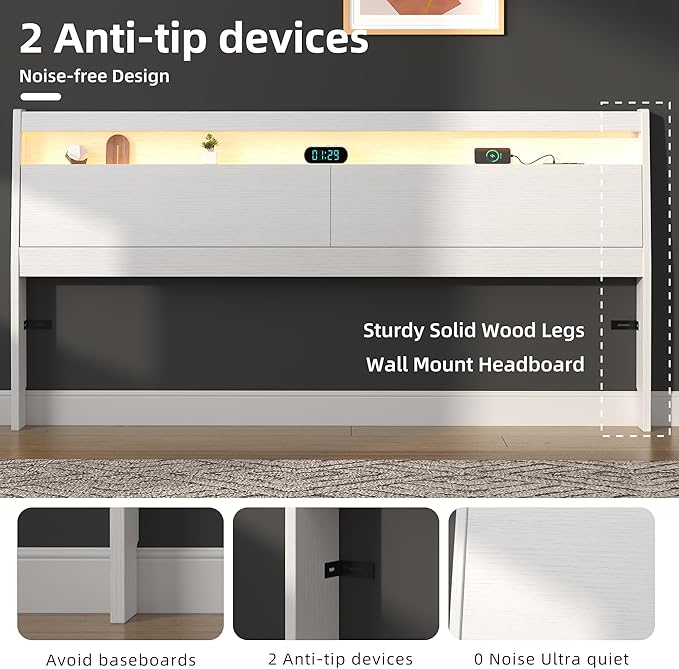 Wooden Headboard Only with Storage, Skirting Groove for Enhanced Stability, Built-in Power Outlet, 2 USB Ports & LED Light - Solid Wood Leg Sturdy Stable Bed Backboard (White, Queen)