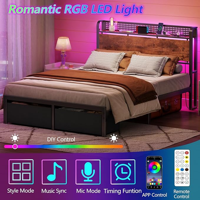 Furnulem Full Size Bed Frame with Headboard Storage, Platform Bed Frame Full Size with 2 Drawers, Charging Station and LED Lights, No Box Spring Needed, Noise Free, Easy Assembly (800 lbs Capacity)